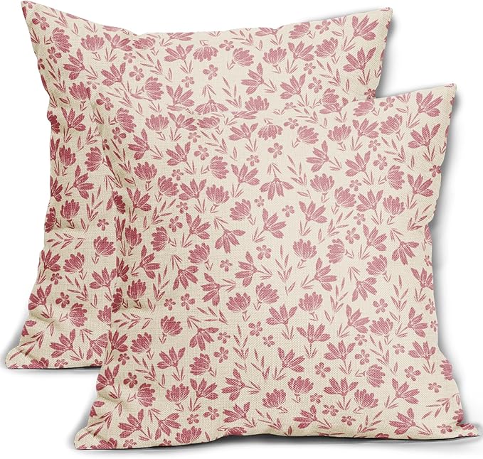 Light Pink Floral Pillow Covers 16x16 Set of 2 Vintage Rustic Old Style Cute Small Flower Pink Cream Print Decorative Outdoor Pillowcases Farmhouse Throw Cushion Case Decor for Couch Sofa Bed