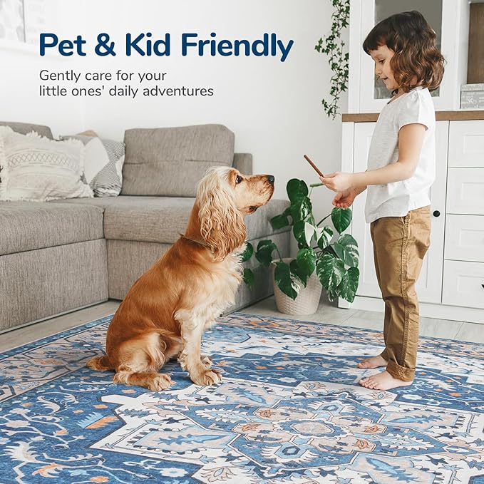 Lessymo Washable Area Rugs 6x9- Boho Area Rug Low Pile for Bedroom Living Room Kitchen, Ultra-Soft Faux Wool Vintage Area Rug with Non-Slip Rubber, Kid & Pet Friendly, Blue Brown