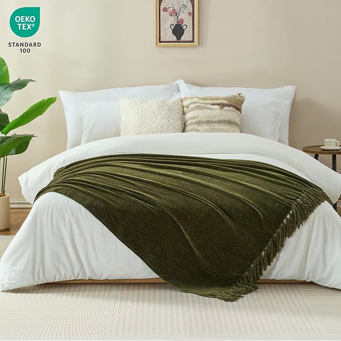 Chenille Throw Blanket for Couch with Tassels,50"X60" Soft Cozy Lightweight Knitted Boho Decorative Blankets for Bed and Sofa,Olive Green