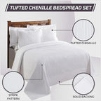 Better Trends Chenille Bedspreads King Size, White 100% Cotton Chenille Stripe Design Tufted Bedding Coverlet Soft Lightweight, 120"x110" with 2 King Sham 3 Pieces Set Jullian Collection