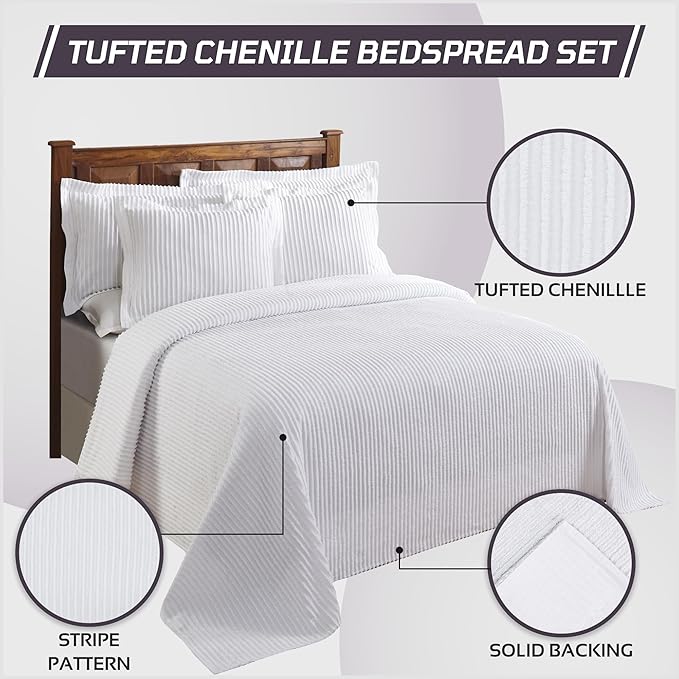 Better Trends Chenille Bedspreads King Size, White 100% Cotton Chenille Stripe Design Tufted Bedding Coverlet Soft Lightweight, 120"x110" with 2 King Sham 3 Pieces Set Jullian Collection