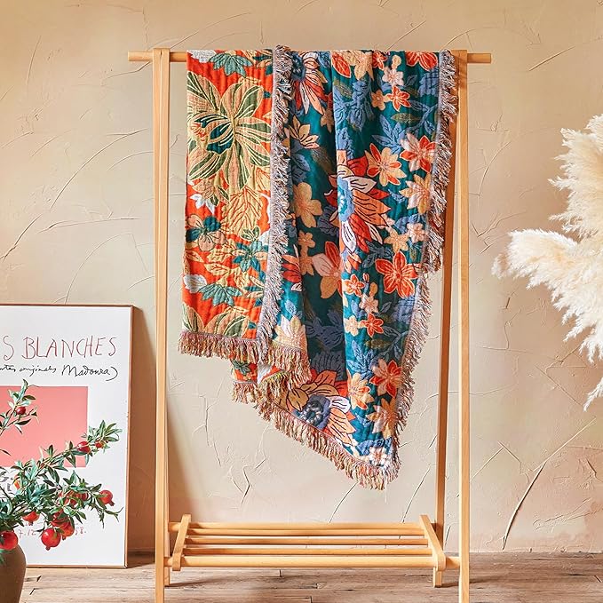 Boho Throw Blanket - 100% Cotton Ultra Soft Muslin Blanket, 50"x60" Lightweight Floral Framhouse Bedding Spring Blanket for Bed, All Season Green Bohemian Bedroom Home Decor Quilt