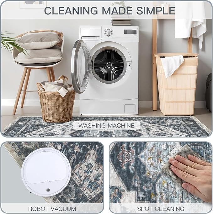 9x12 Vintage Washable Area Rug for Living Room,Low Pile Non Slip Carpet Non-Shedding Large Area Rug Soft Indoor Stain Resistant Rug Floral Print Mat for Bedroom Dining Room Blue Beige
