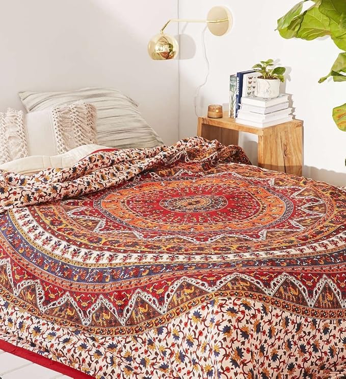 Popular Handicrafts Wall Hanging Tapestry for Bedroom Hippie Mandala Bohemian Psychedelic Intricate Floral Design Tapestries Bedspread 84 x 90 Inches (215cm x 230cm) Red Yellow