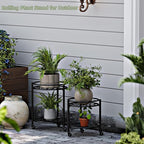 2 Tier Rolling Plant Stand with Wheels, Mid Century Modern Metal Stand for Planters, 2 Sizes 9 Inch & 11 Inch, Indoor Outdoor Movable Flower Pot Holder for Decor Home Garden Patio Load Bearing 165 LB 2 Pack Black