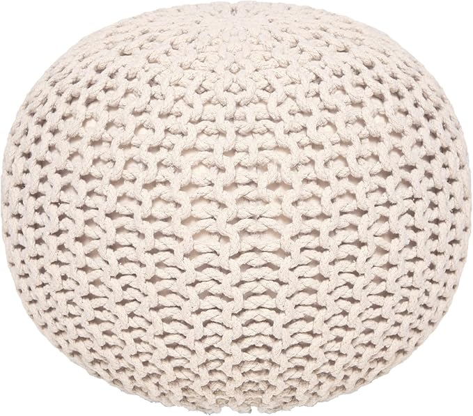 · REDEARTH · Round Pouf Ottoman - Cable Knitted Boho Poof - Home Décor Cord Pouffe Handmade Circular Footrest for Living Room - Bedroom - Kids Bedroom - 100% Cotton Pouf (19.5"x19.5"x14") - Natural