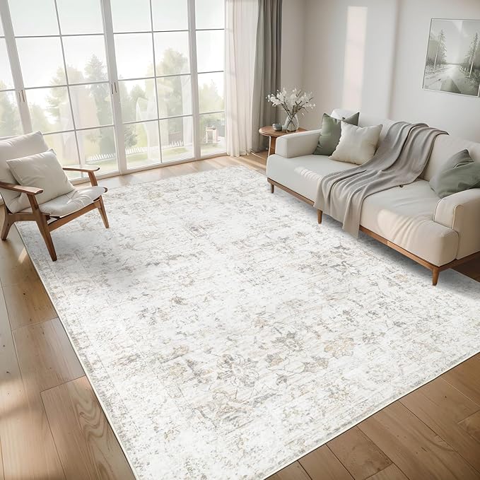 Washable 4×6 Area Rug for Living Room, Vintage Floral Rug Soft Non Slip Stain Resistant Boho Carpet for Indoor Bedroom Dinning Room Home Office Beige New