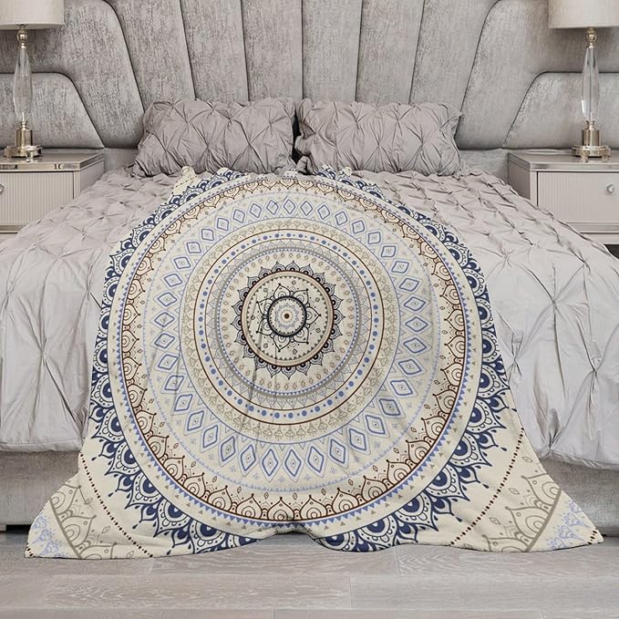 Mandala Throw Blanket Retro Eastern Backdrop Swirled Cosmic Lotus Yoga Boho Artwork Blanket for Sofa Bed Couch Chair Or Dorm 70"x80"