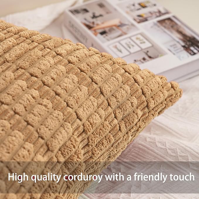 Pack of 2 Corduroy Decorative Throw Pillow Covers 22x22 Inch Soft Striped Pillow Covers Modern Farmhouse Home Decor for Sofa Living Room Couch Bed（Coffee）