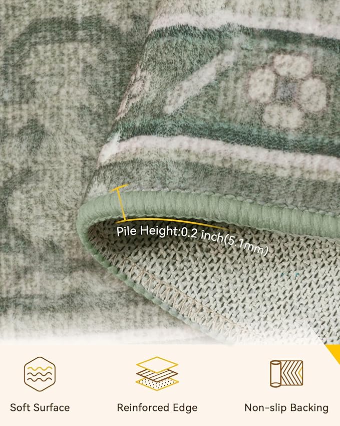 Area Rugs 10'x12' Washable Non-Slip, Floral Vintage Distress Print Pattern Medallion Carpet for Living Room Bedroom Dining Room, Dark Green Gray