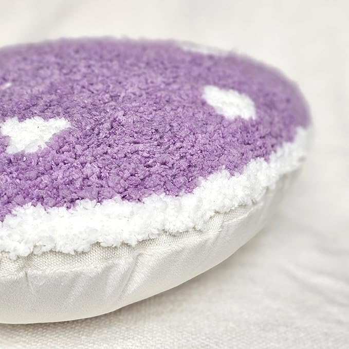 Mushroom Throw Pillow Tufted Decorative Cushion 15” x 15” – Decor for Bed, Couch, Living Room (Purple)