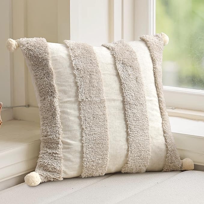 Boho Pillow Covers 18X18 Inch Boho Tufted Linen Throw Pillow Covers Decorative Pompoms Cushion Cover Farmhouse Pillow Case for Couch Sofa Bed Living Room Bedroom,Natural Beige