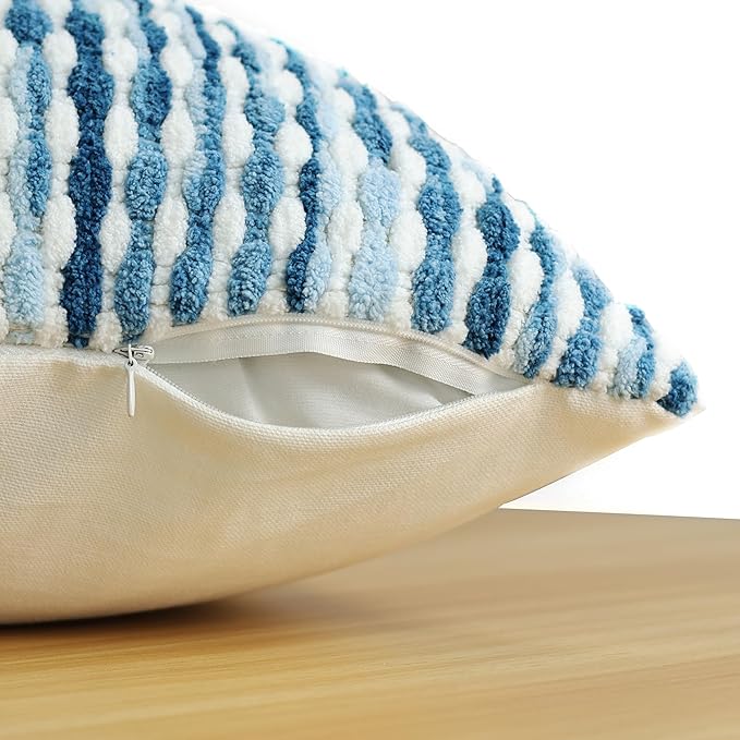 Boho Chenille Striped Pillow Cover 18x18 Inch, Decorative Pillow Cover for Couch Bed Sofa Living Room Bedroom Farmhouse Modern Home Decor Accent Pillowcases Set of 1, Blue White