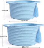 Small Gift Baskets Empty to Fill, Little Cute Soft Woven Rope Bin, Mini Basket for Teen Girl Gifting, Desk Makeup, Pre-Shaped with Gifting Bags Ribbon, Set of 2, Light Blue
