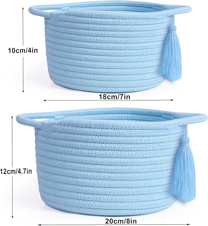 Small Gift Baskets Empty to Fill, Little Cute Soft Woven Rope Bin, Mini Basket for Teen Girl Gifting, Desk Makeup, Pre-Shaped with Gifting Bags Ribbon, Set of 2, Light Blue
