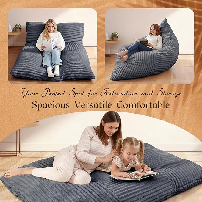 Honeydak 3 in 1 Giant Bean Bag Chair Cover Only (No Filler) Convertible Bean Bag Lazy Floor Sofa Cover Without Filling Washable Versatile Stuffed Animal Storage for Bedroom Living Room(Dark Grey)