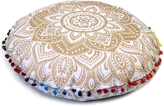 CRAFT KALA 22" Floor Pillows Cover for Sitting, Large Meditation Cushions Cover for Adults, Bohemian Mandala Round Pouf Seating Ottoman Cover for Outdoor Yoga and Living Room (White Gold Flower)