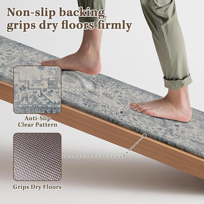 Arttown Kitchen Mats for Floor 2Pcs-Anti Fatigue Non Slip Mats for Kitchen Floor, Cushioned Waterproof & Stain-Resistant Boho Stripe Mat Set, Laundry Room, Office, Sink, Desk (Light Blue)