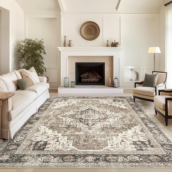 6x9 Area Rugs for Living Room, Washable Rug with Non-Slip Backing, Ultra-Thin Rugs for High-Traffic Areas, Super-Soft Floral Vintage Farmhouse Large Area Rug (Brown/Beige, 6'x9')