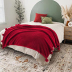 HORIMOTE HOME Ultra Soft Sherpa Throw Blanket with Pompom Fringe, Lightweight Plush Boho Throw Blanket for Couch, Sofa, Bedroom,Travel, Christmas Decor, Warm Blanket for Winter, 60"x80", Red