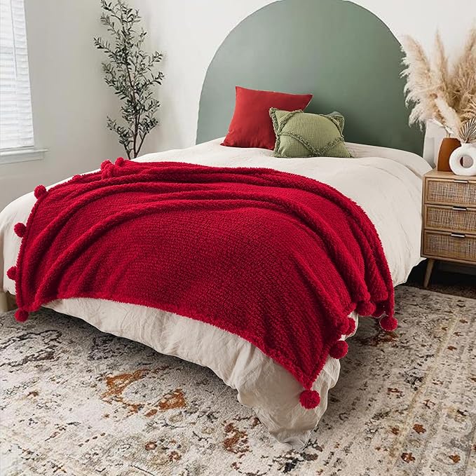 HORIMOTE HOME Ultra Soft Sherpa Throw Blanket with Pompom Fringe, Lightweight Plush Boho Throw Blanket for Couch, Sofa, Bedroom,Travel, Christmas Decor, Warm Blanket for Winter, 60"x80", Red