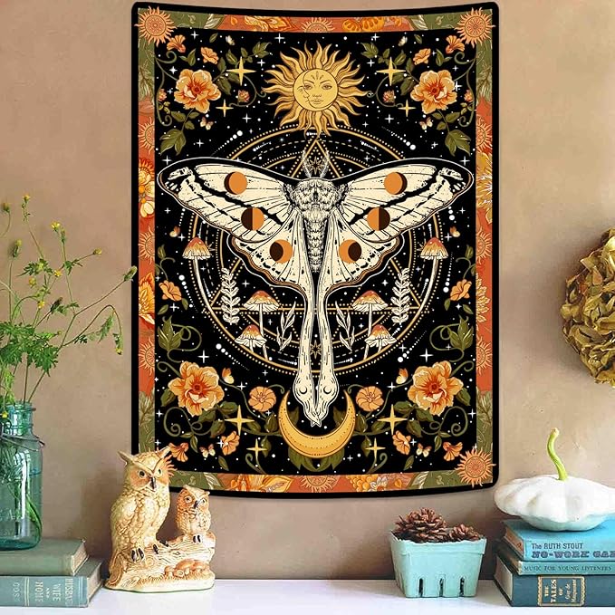 Aipon Orange Moth Tapestry Boho Retro Floral Flowers Tapestries Aesthetic Vintage Mushroom Tapestries Bedroom Indie Vertical Tapestry Wall Hanging for Living Room Dorm (44.00'' × 60.00'', Orange)