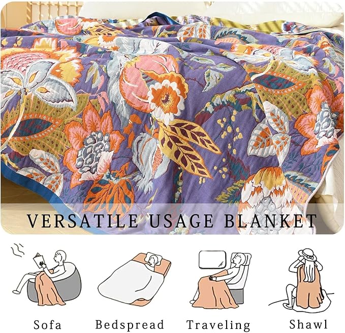 Boho Blanket Soft Muslin BohoThrow Blanket, 100% Cotton Floral Printed Farmhouse Decor All Season Reversible Rustic Throw for Sofa Couch Chair (Purple, 60"x80")