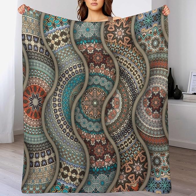 Colorful Bohemian Throw Blanket Vintage Floral Mandala Flower Aztec Boho Blanket for Sofa Bed Couch Chair Or Dorm 60"x80"