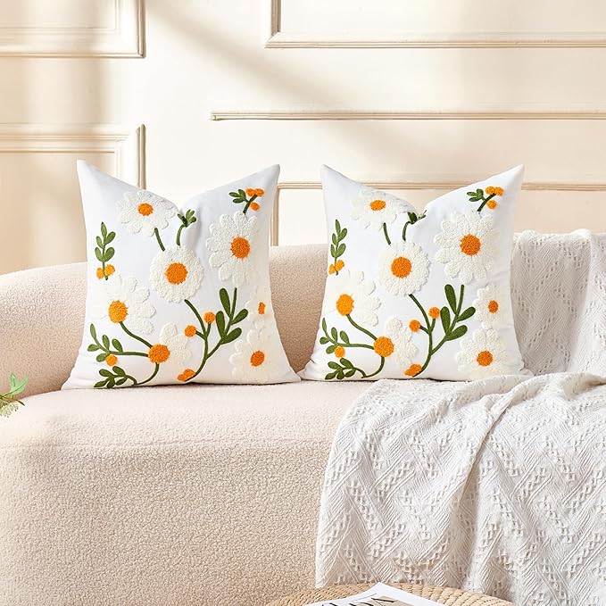 Embroidered Floral Throw Pillow Covers Decorative Tufted Couch Pillow Covers White Flowers Farmhouse Pillow Covers 20x20 Square Summer Cushion Cases Set of 2 for Living Room Couch Sofa Bed Home Decor