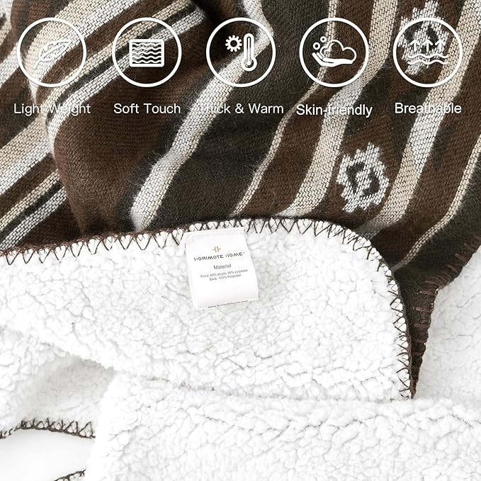 Aztec Patterned Throw Blanket with Soft Sherpa Lining, Traditional Southwestern Navajo Tribal Style Warm Throw for Camping, Outdoor, Light Weight Cozy Boho Blanket for Couch, Sofa, Bed, 60"x80", Brown