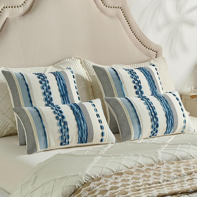 FUTEI Blue Decorative Throw Pillow Covers 20x20 Inch Set of 2, Soft Tufted Striped Textured Accent Cushion Case,Boho Pillows for Couch Decor