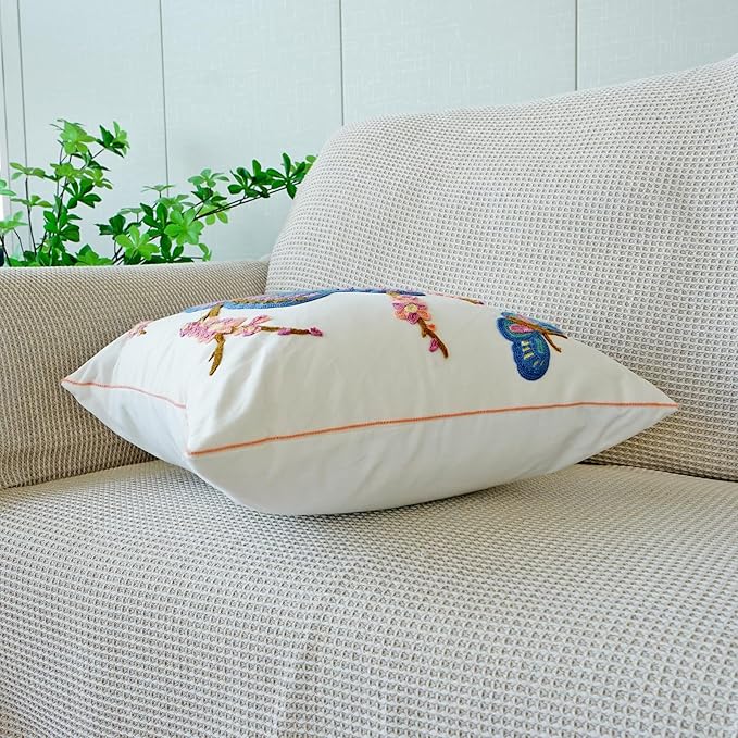 vctops Floral Butterfly Embroidered Pillow Covers 18x18 Inch Spring Summer Cotton Tufted Throw Pillow Cover Outdoor Garden Cushion Case for Sofa, Bed, Living Room (Butterfly,18"x18")