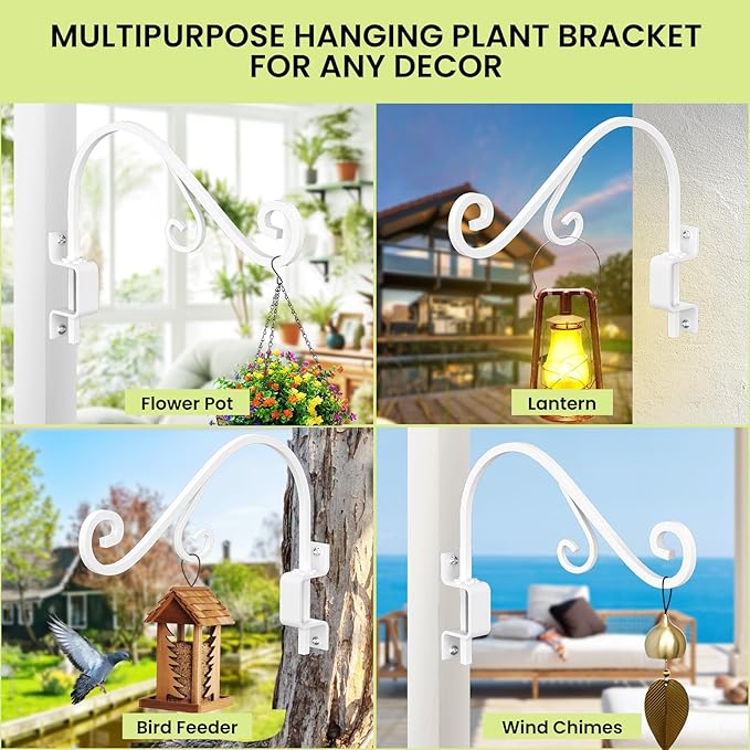 Swivel Plant Hangers Outdoor: 2 Pack 16 Inch Metal Hanging Plant Bracket Sturdy Wrought Iron Plant Hooks Indoor Wall Mount for Hanging Bird Feeders, Lanterns, Flower Baskets, Wind Chimes, White