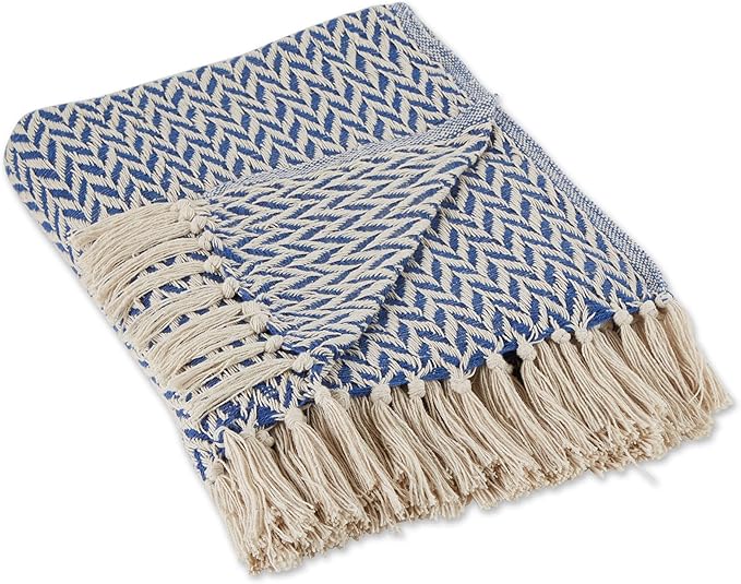 DII Modern Zig Zag Throw Blanket Woven Cotton, Hand-Knotted 2.5" Fringe, 50x60, French Blue