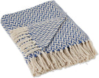 DII Modern Zig Zag Throw Blanket Woven Cotton, Hand-Knotted 2.5" Fringe, 50x60, French Blue