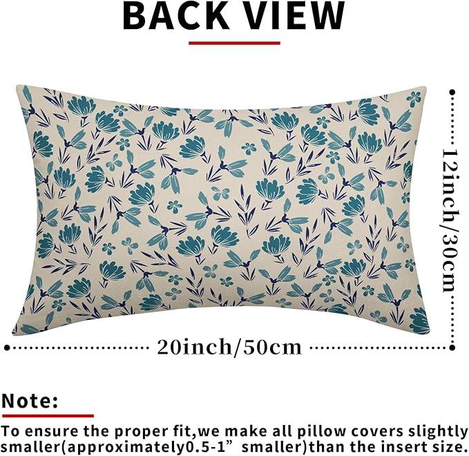 Navy Blue Teal Floral Pillow Covers 12x20 Set of 2 Vintage Rustic Old Style Cute Small Flower Print Rectangle Decorative Outdoor Pillowcases Farmhouse Throw Cushion Case Decor for Couch Sofa Bed