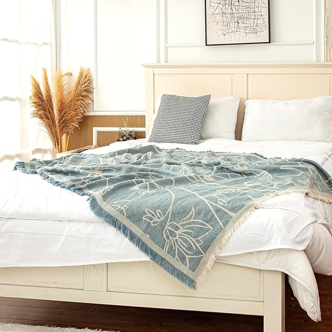 LALIFIT Boho Chic Decorative Throw Blanket Vintage Woodland Floral Bird Design with Tassels Soft Cotton Lightweight & Cozy for Home, Couch, Sofa, Farmhouse 50x60 Inches (Sky Blue)