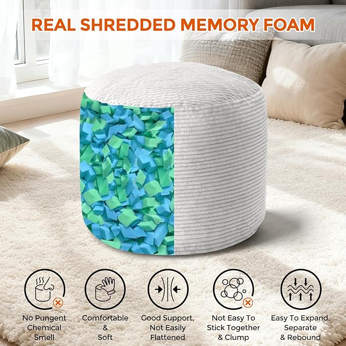 Pouf Ottoman Foot Rest, Comfortable & Soft, Round Footstool for Living Room, Bedroom, Office, Room Decoration, Corduroy Foot Stool Pouf with Odorless & Anti-Clump Filling, Small Grey