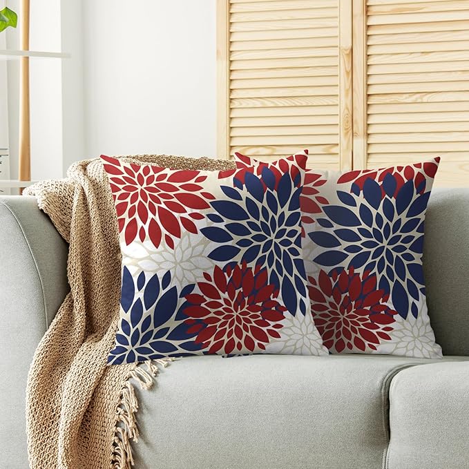 4th of July Blue Red White Pillow Covers 24X24 Inch Set of 2, Modern Dahlia Floral Print Decorative Throw Pillow Covers Outdoor Farmhouse Cushion Case for Home Couch Sofa Bed Decoration