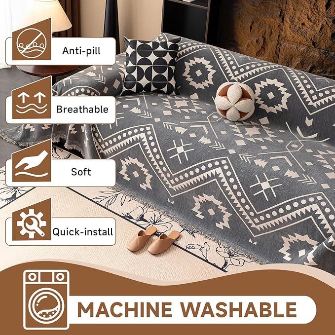 VClife Bohemian Aztec Couch Cover Sectional Sofa Slipcover Washable Chenille Couch Cover for 3 Cushion Couch Sofa - Gray White Tribal Geometric Pattern Furniture Protector with Tassel Edge 71" X 134"
