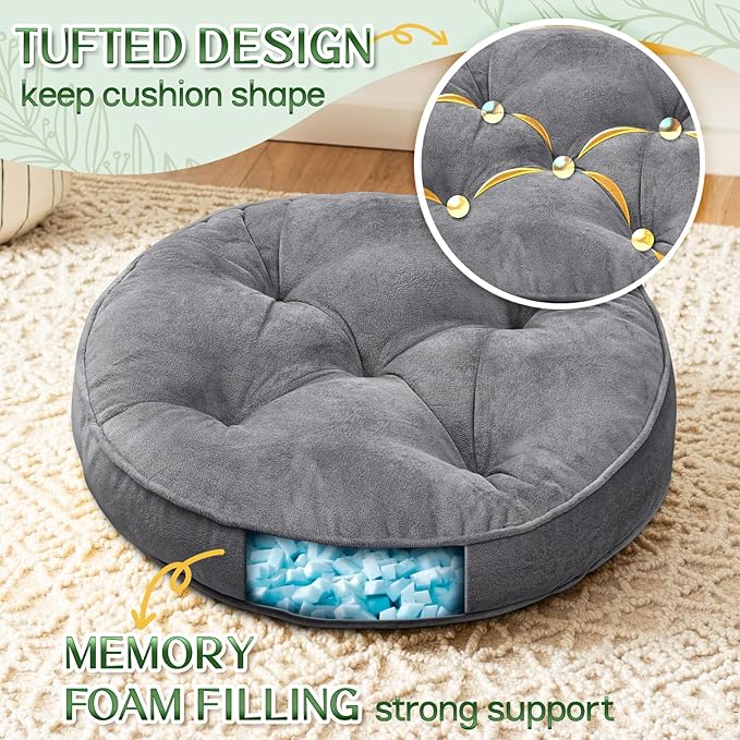 Floor Pillow Set of 2, Memory Foam Meditation Cushion, Floor Cushions for Adults Sitting, Large Round Seat Cushions for Yoga, Living Room, 20x20 Inch (Round | Grey)