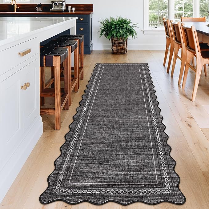 GarveeHome Scalloped Washable Runner Rug 2x8 Entry Rug Non Slip Kitchen Rugs Runner Farmhouse Black Low Pile Hallway Rugs Stain Resistant Carpet for Bathroom Laundry Room, Black
