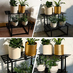 Plant Stand Indoor Outdoor, Foldable Metal Plant Shelf for Multiple Pots, Mid Century Slatted Bench for Patio Garden, Heavy Duty Capacity 330 lbs 2 Tier Black