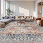 10x14 Area Rugs for Living Room Bedroom, Large Washable Rug, Coral Vintage Retro Boho Rug, Non Slip & Low Pile Faux Wool Thin Carpet for Indoor Dining Room, Kids Room(Coral Blue 10x14ft)