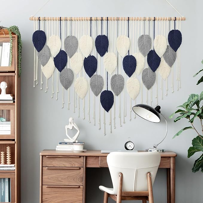 Weldomcor Large Macrame Wall Hanging Leaf Boho Woven Tapestry, Bohemian Chic Wall Hanging Feather Handmade Wall Art Home Decor for Bedroom Living Room Apartment Nursery Office Decoration 51.5"Wx33.5"L