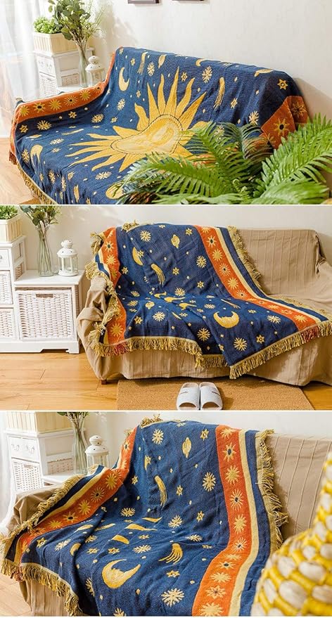 Erke 70" x 90" Sun and Moon Blanket Celestial Couch Sheet Cover Witchy Hippy Home Decoration, Double Sided Cotton Woven Hippie Throws Wicca Blankets for Couch Bed Recliner Decor - Yellow/Blue