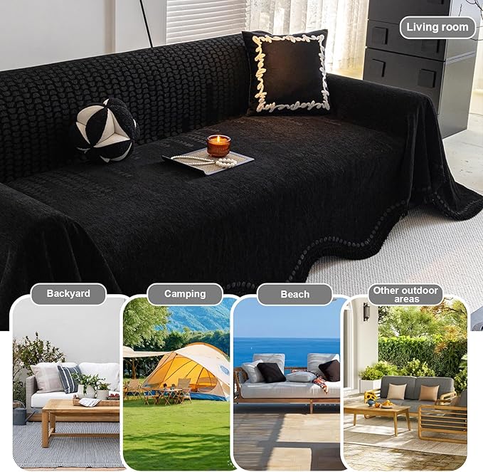 ROOMLIFE Black Couch Cover Sofa Covers, Chenille Couches Covers for 3 Cushion Sofas, Non Slip Soft Breathable Sofa Slipcovers for Pet, Washable Furniture Protector with Tassel,71''X134”