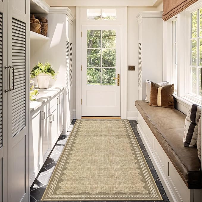 GarveeHome Scalloped 2x10 Runner Rug for Hallway Washable Kitchen Rugs Non Slip Solid Tan Jute Digital Printing Modern Soft Low-Pile Rugs for Entryway Laundry Room Floor Mats