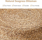 Wimarsbon Ottoman Foot Rest Stool Round Natural Seagrass Foot Stool Hand-Woven Boho Pouf Ottomans Home Decor Footstool Extra Seating for Living Room Bedroom Entryway Blue