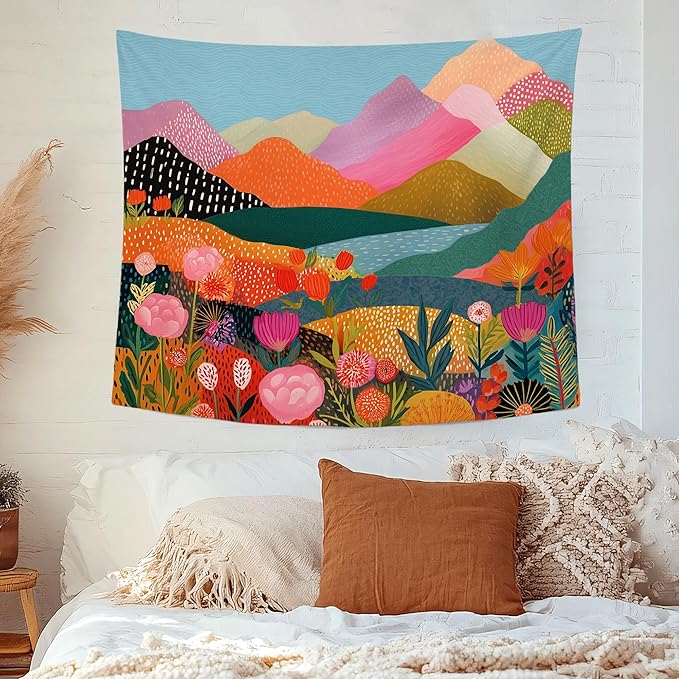 MNASAIOO Colorful Mountian Floral Wall Tapestry Hanging for Bedroom, Trendy Landscape Tapestries, Retro Abstract Wall Decor Banner for Living Girly Room Dorm 50x60in